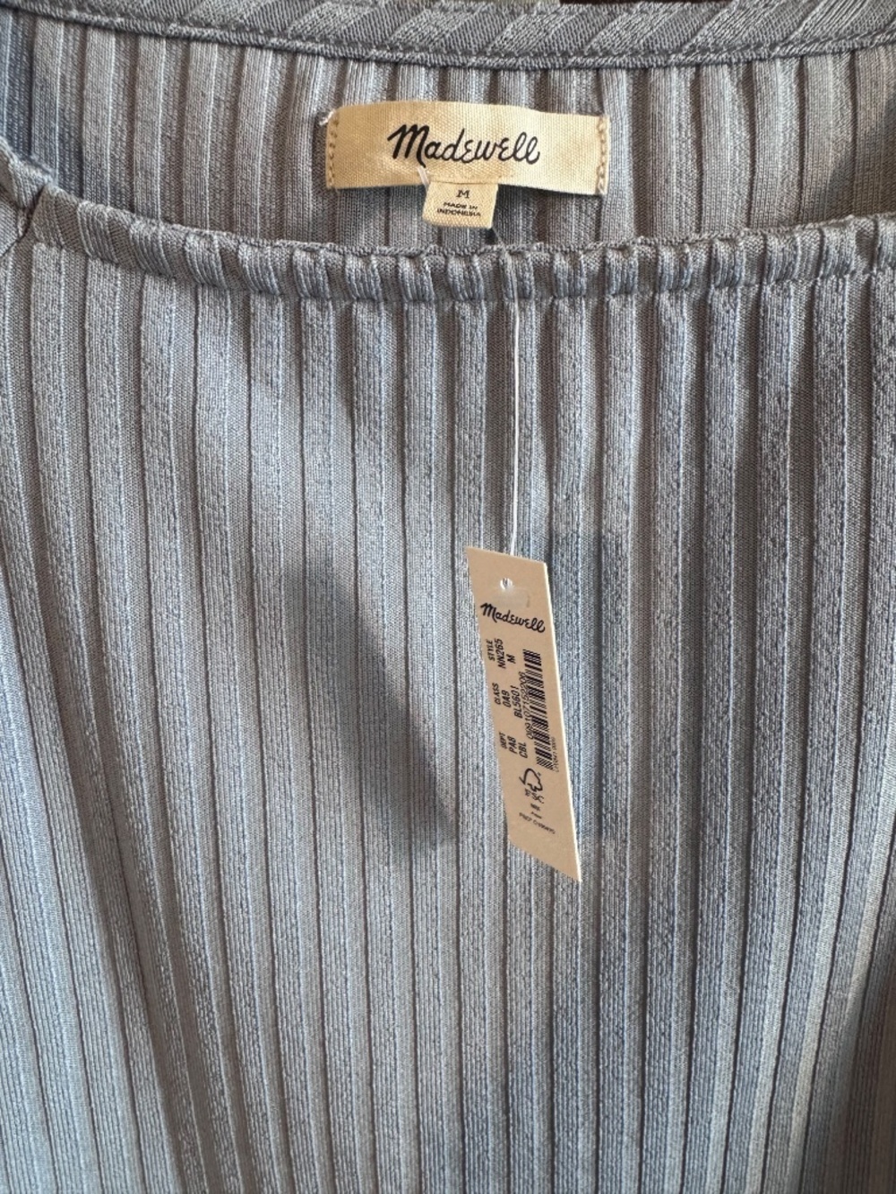 NWT, Madewell Ribbed Fitted Slate Blue Long-Sleeved Top, Off-The-Shoulder, M - Picture 8 of 12